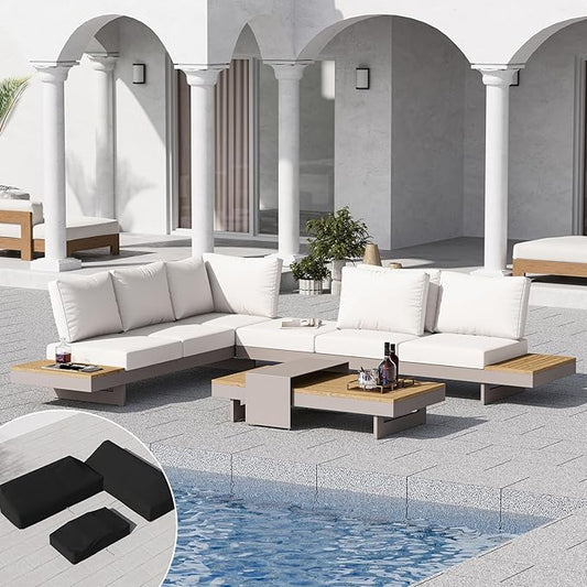 homary 6 Piece Aluminum & Teak Outdoor Sofa Set, Patio Conversation Sets Modular Outdoor Sofa with Covers, Waterproof, Fade Resistant Cushions Ideal for Patios & Balconies, Light Gray