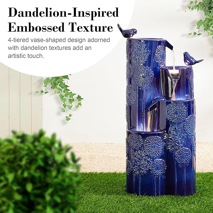 Glitzhome Water Fountain Outdoor with LED Lights, 4-Tier Vase Shaped Ceramic Outdoor Fountain, Dandelion Glaze Water Fountains Feature for Garden Backyard Patio, Cobalt Blue, 31.7”H