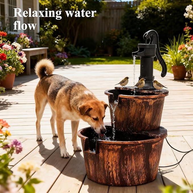 Athena Collection 27'' Height Electric Waterfall Fountain 2 Tier Stepped Barrel Vintage Fountain Polypropylene with Pump Freestanding Floor Tabletop Fountain for Outside, Patio, Garden, Bronze