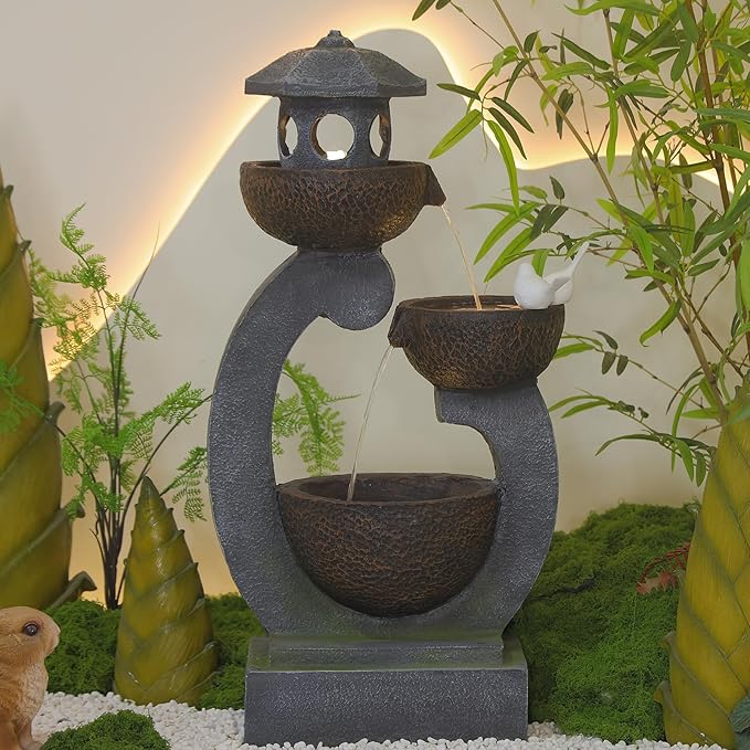 Water Fountain Outdoor Zen Feature - Garden Tranquil Pagoda Waterfalls Fountains Bowl with LED Lights & Pump for Patio Yard Porch Pool, Gray, 35.5 inches