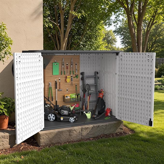 Patiowell 26 Cu.ft Plastic Outdoor Storage Cabinet, Lockable Waterproof Horizotal Storage Shed, Tool Box for Patio, Garden Tools, Garbage Cans, Pool Supplies, Easy Assembly, White(Not Include Shelves) - Image 11