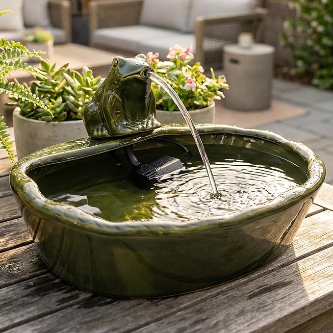 Sunnydaze Ceramic Solar-Powered Water Fountain - Green Glaze - Low-Voltage Submersible Pump with Filter - Frog