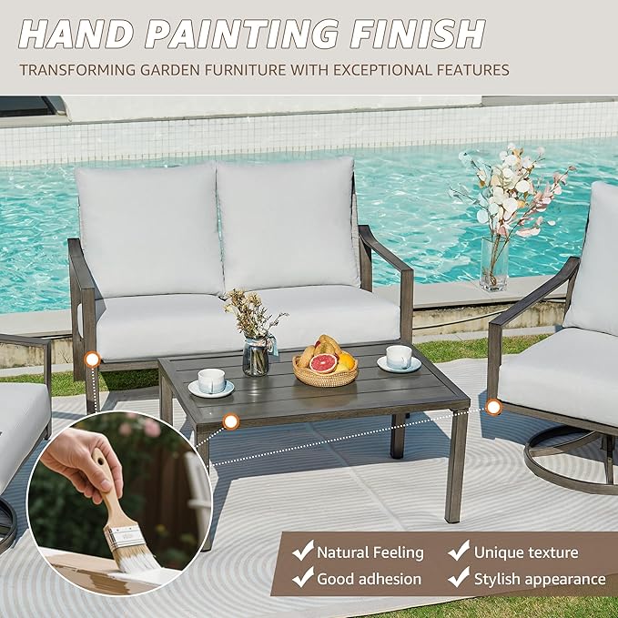 NATURAL EXPRESSIONS Patio Furniture Set,4 Piece Outdoor Conversation Metal Swivel Rocking Chairs Set with Hand-Woven Rope High Back,Sturdy Hand Brushed Wood Grain Finish Frame,6" Cushions for Yard