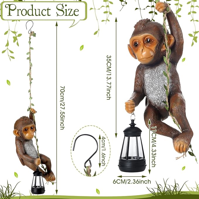 Solar Light Outdoor Monkey Statues Brown 13.78 Inch Resin Chimpanzee Baby Monkey Climbing on Vine with LED Lantern Waterproof Hanging Figurine with Hook for Yard Garden Wall