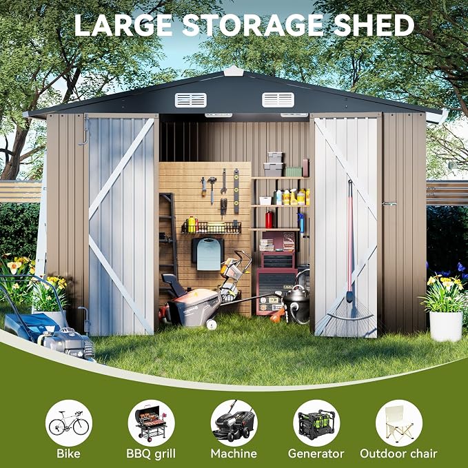 COMHOMA Shed Outdoor Storage Shed Metal,Lockable Doors Tool Sheds with Sloping Roof,Steel Garden Shed with Air Vent for Backyard,Patio,Lawn,Poolside (Brown, 10'x10') - Image 4