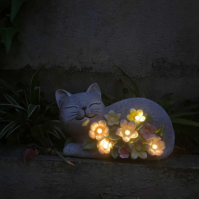 Solar Cat Outdoor Statue, Resin Solar Cat Lights with Flower for Outside, Garden Cats Figurine for Lawn Porch Yard Art - Birthday Gifts for Mom Grandma Women