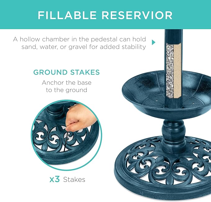 Best Choice Products Outdoor Solar Lighted Pedestal Bird Bath Fountain Decoration w/Planter, Integrated Panel, Scroll Accents for Lawn, Garden - Peacock Blue