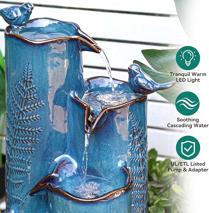 32" H Ceramic Outdoor Water Fountain, 4-Tier Tropical Cascading Waterfall with LED, Turquoise Glaze & Embossed Fern Pattern, Bird-Attracting Water Feature for Garden Patio Yard & Porch Decor