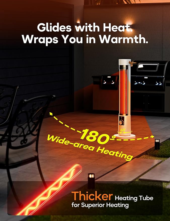 Patio Heater for Outdoor Use, Infrared Electric Outdoor Heater, 1500W Instant Heating, 60-Degree Oscillation, 9 Heat Levels, 9H Timer, Remote, for Garage, Backyard, Large Room, Indoor, 32.2", Ivory