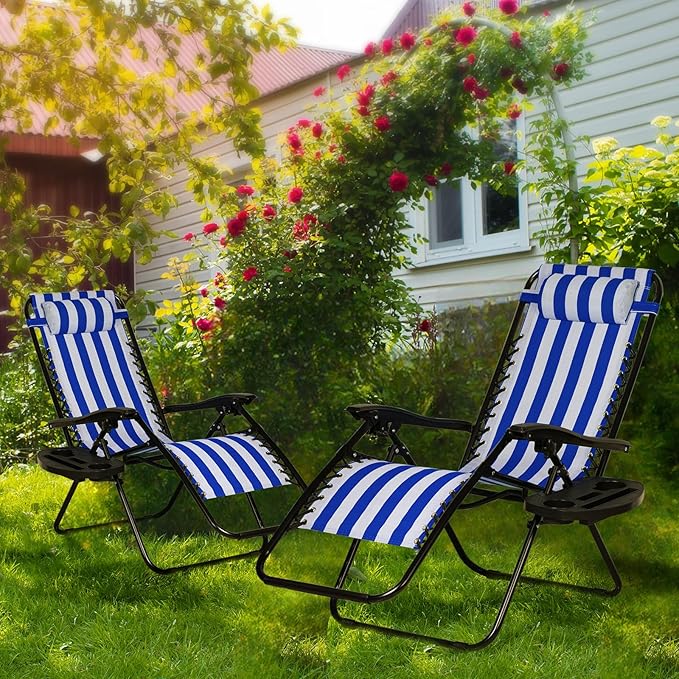 Nazhura Set of 2 Relaxing Recliners Patio Chairs Adjustable Steel Mesh Zero Gravity Lounge Chair Beach Chairs with Pillow and Cup Holder (Navy Blue Stripe) - Image 2
