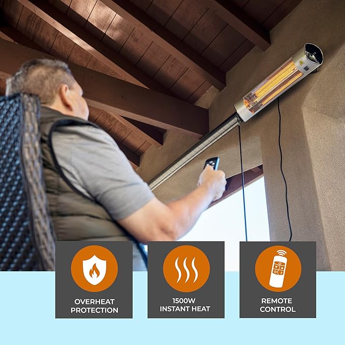 Kenmore Wall Mouted Electric Outdoor Heater for Outdoor Patios or Decks, 3 Heat Levels, 1500W Instant Heating, 24h Timer, Waterproof, Remote Included, Wall-Mouting Brackers Included