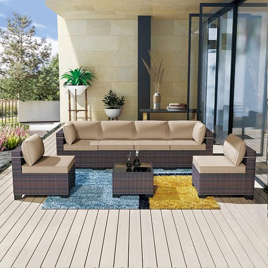 Kullavik 7 Pieces Outdoor Patio Furniture Set,Sectional Rattan Sofa Set Brown PE Rattan Wicker Patio Conversation Set with Tempered Glass Coffee Table and Washable Cushions Covers,Sand