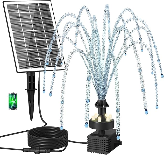 Solar Fountain Pump with Adjust Glass Panel, Upgrade 3.5W Solar Water Pump with Stake, 16.4ft Cable, 2000mAh Battery, White LED Lights, Solar Powered Fountain Kits for Bird Bath, Hummingbird