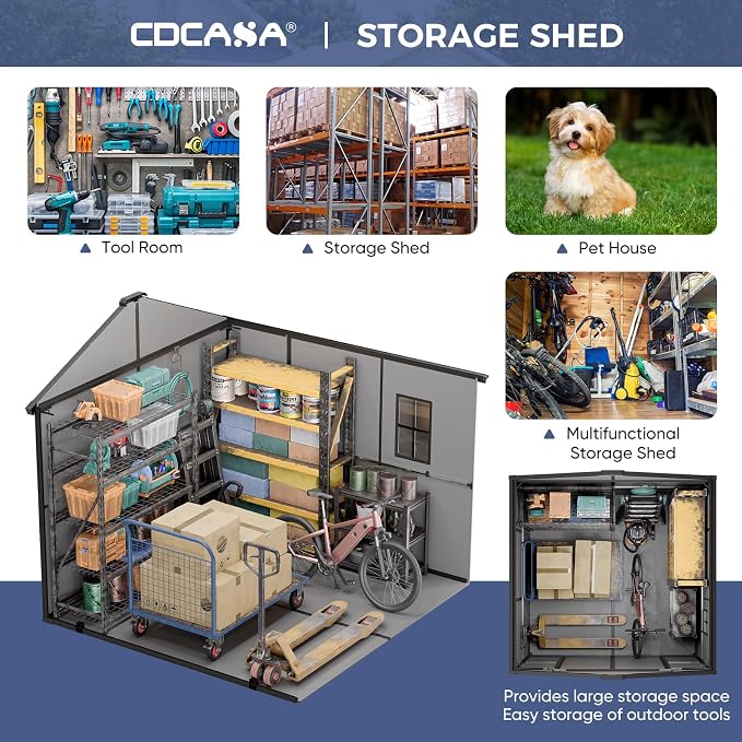 CDCASA 8x8x7 FT Resin Shed with Floor Included, Steel‑Reinforced Large Waterproof Outdoor Storage Sheds with Base & Lockable Door & Window & Vents, Outside Plastic Tool for Outside Patio Backyard - Image 7