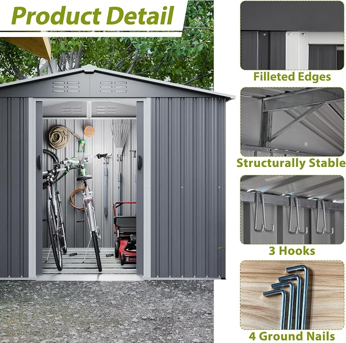 YOPTO 8X6 FT Outdoor Storage Shed with Roof,Waterproof House Tool Cabinet W/Metal Foundation & Lockable Doors,for Shovels,Umbrellas,Antennas,Escalators,Gray - Image 4