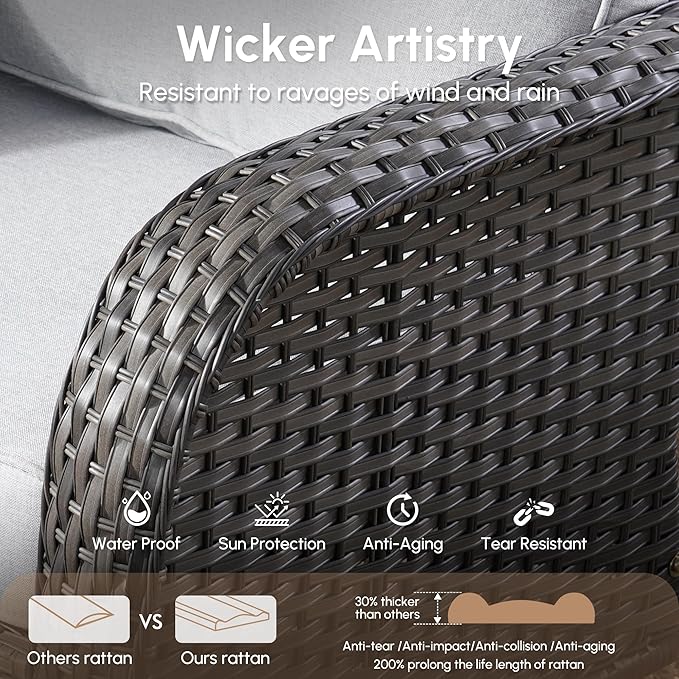 Wicker Rocking Chair Swivel Chairs - 3 Piece Rocker Glider Patio Chairs Set Rattan Rocking Chair for Outdoor Porch Deck Garden Backyard,Grey