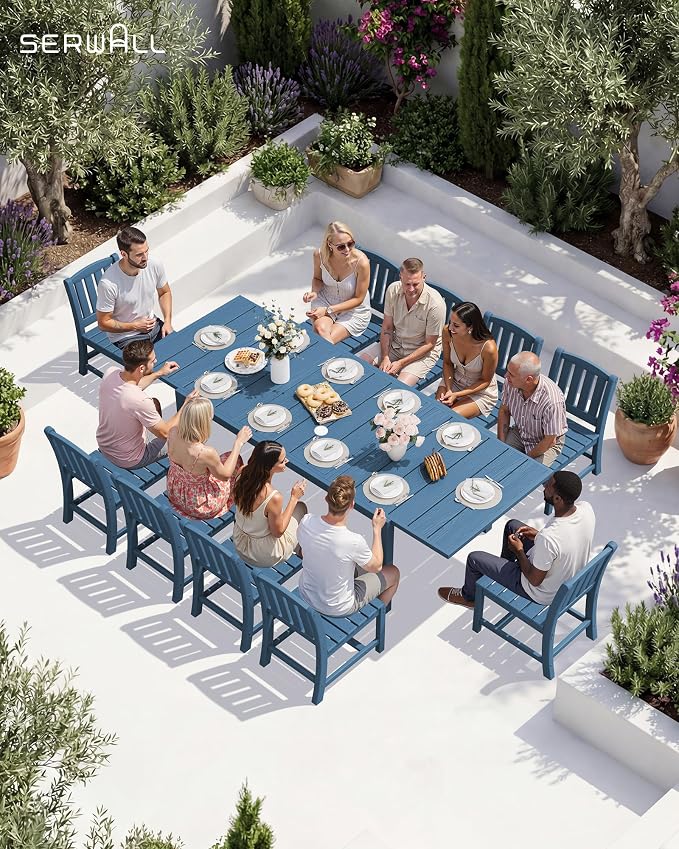 SERWALL Outdoor Expandable Dining Table 60" - 83", Patio Dining Table for 4-10 People, All Weather HDPE and Aluminum Outdoor Furniture, Blue - Image 3