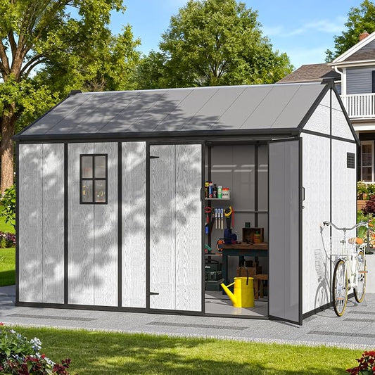 10 x 8 FT Plastic Outdoor Garden Shed, All-Weather Resin Storage Shed with Windows, Lockable Doors & Floor, Plastic Tool Shed for Poolside, Backyard, Patio by DNYKER