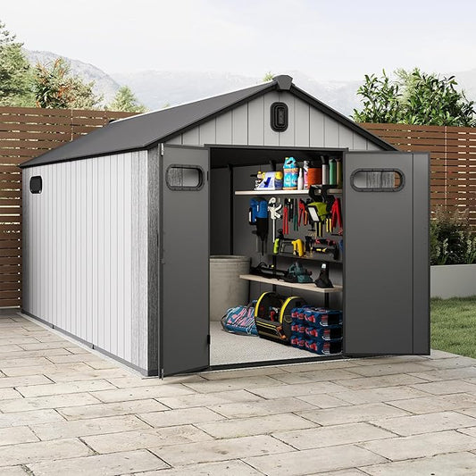 Domi 8x16Ft Resin Outdoor Storage Shed, Plastic Garden Shed with Carpet, Outside Weatherproof Storage Building for Tools, Bike, Lawn Mower, Patio, Backyard by domioutdoorliving