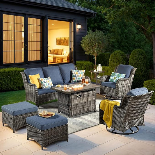 HOOOWOOO Patio Furniture Set,7 Piece Outdoor Furniture Set with Fire Pit Table,Wicker Patio Conversation Couch Swivel Chairs Ottoman Set,Denim Blue