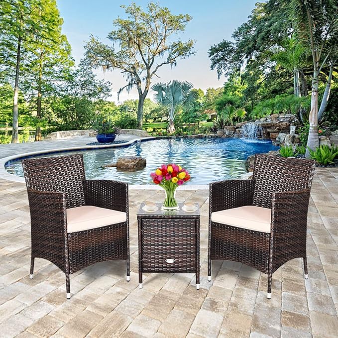 HAPPYGRILL 3 Piece Patio Set Wicker Rattan Furniture Set Outdoor Rattan Conversation Set with Coffee Table Chairs & Thick Cushions Bistro Sets for Patio Garden Lawn Backyard Pool