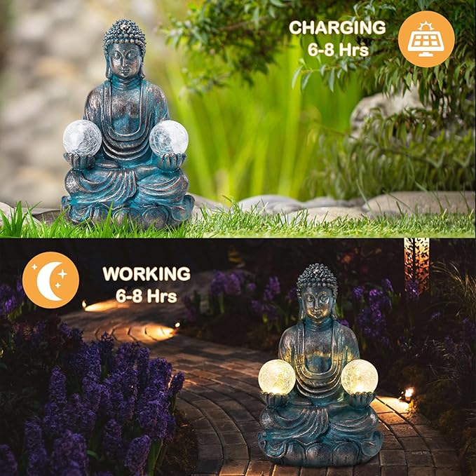 Afirst Meditating Buddha Garden Statues Solar Buddha Sculpture Decor with Glass Balls Zen Meditation for Home Garden Yard Patio Indoor Outdoor Ornaments Gifts for Mom, 10.5''