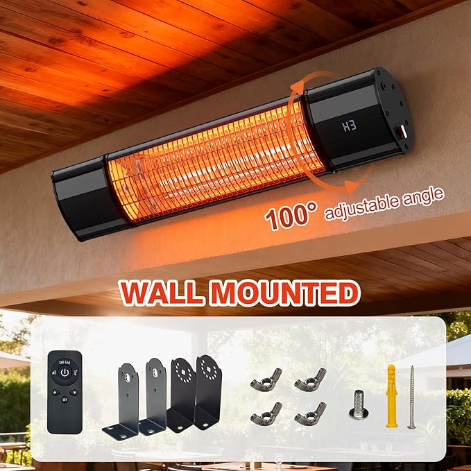 Electric Hanging Patio Heater with remote control, built in Temperature Control, Wall mounted or ceiling mounted, Suit for Outdoor, 1500W, Black