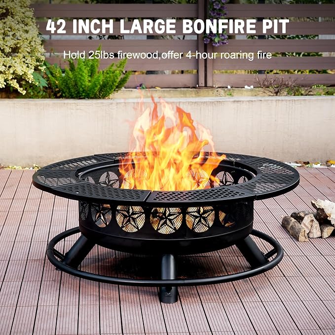 Verdeluxe 42 Inch BBQ Fire Pit with 2 Grills,3-in-1 Outdoor Round Metal Fire Pit Table with Lid,Fire Poker,Large Outdoor Wood Burning Firepits for Outside,Picnic,Bonfire Backyard Patio(Black) - Image 4