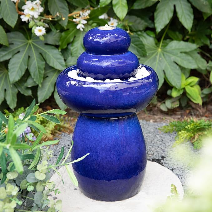 Glitzhome 22" H Zen-Style Outdoor Ceramic Fountain, 3 Tier Pedestal Cascading Water Fountains with LED Light & Pump, Cobalt Blue Pebbles Garden Fountains Waterfalls for Patio, Deck, Porch Decor