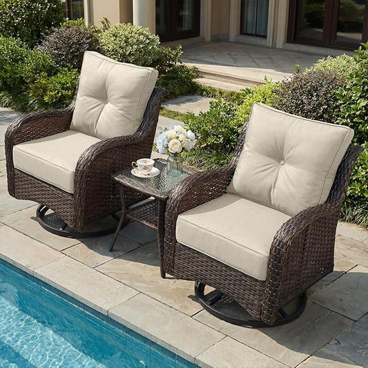 Patio Furniture Set, 3PCS Outdoor Wicker Conversation Set with 6" Thick Cushions, High Back Swivel Rocker Chairs, Weather Resistant Olefin Fabric for Garden, Poolside, Beige
