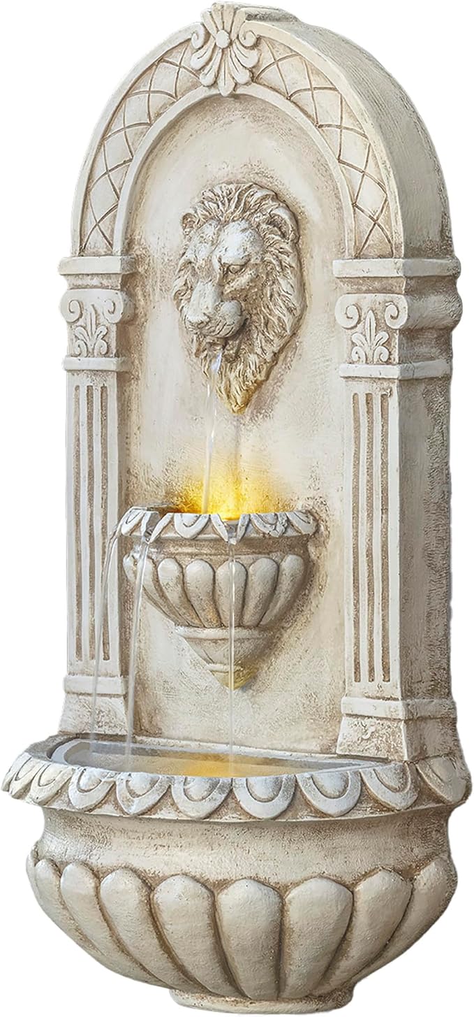 Alpine Corporation TZL160 Indoor/Outdoor Floor Lion Head Wall Fountain with LED Lights, Wall-Mounted Waterfall, 32", Ivory