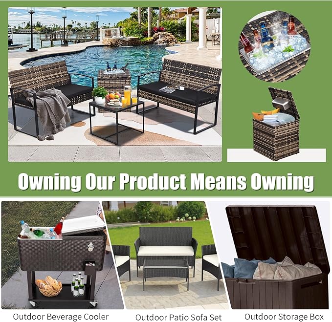 FHFO 4 Piece Outdoor Patio Furniture Set with Built-in Beverage Cooler Storage Box, Wicker Conversation Sets Patio Outdoor Loveseats & Coffee Table for Outside, Garden, Balcony, Porch, Yellow/Black