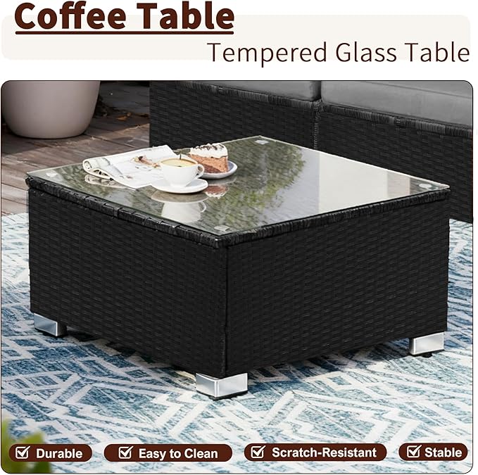 7 Pieces Black Patio Furniture Set - All-Weather Outdoor Sectional Wicker Conversation Sofa, Rattan Patio Seating Sofa Set with Grey Cushions and Glass Table for Porch Poolside