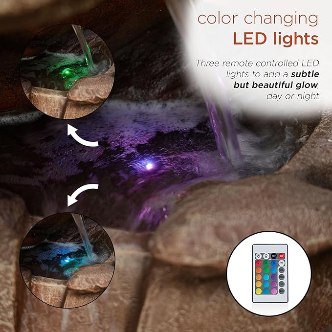 Alpine Corporation 40" Tall Floor Fountain, Tiered Rock Water Feature with Color-Changing LED & Remote, Cascading Streams for a Tranquil Garden, Patio, Yard, Deck, or Porch, Light Brown
