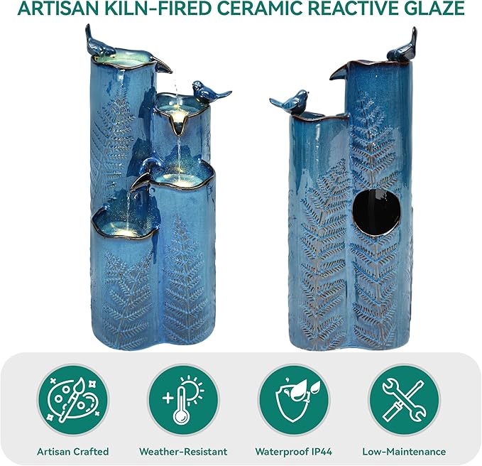 32" H Ceramic Outdoor Water Fountain, 4-Tier Tropical Cascading Waterfall with LED, Turquoise Glaze & Embossed Fern Pattern, Bird-Attracting Water Feature for Garden Patio Yard & Porch Decor