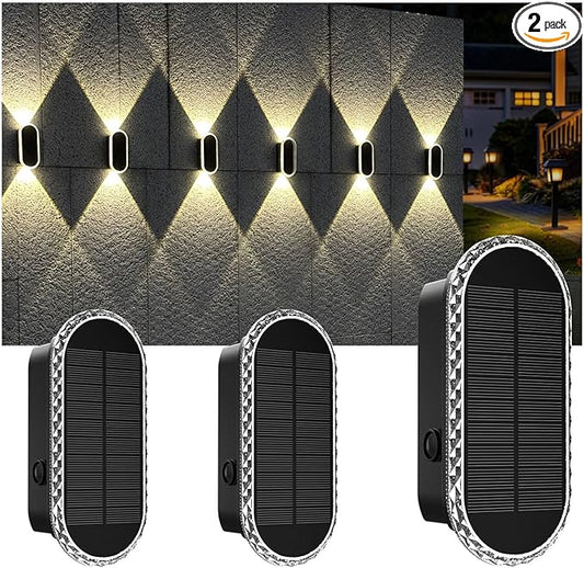 Solar Fence Lights Outdoor, 3000K/4000K/6000K 3 Modes Solar Wall Lights Outdoor Waterproof, Up&Down Dual-Head Outdoor Solar Lights for Yard House Fence Backyard Deck Garden Patio Porch, 2 PK
