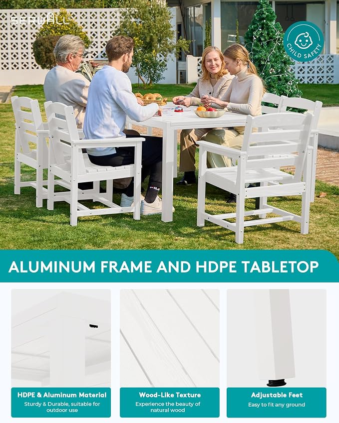 SERWALL 9-Piece Outdoor Dining Set, 60" - 83" Expandable Outdoor Dining Table and 8 HDPE Chairs, All Weather HDPE Outdoor Furniture Set for Backyard, Garden, White - Image 4
