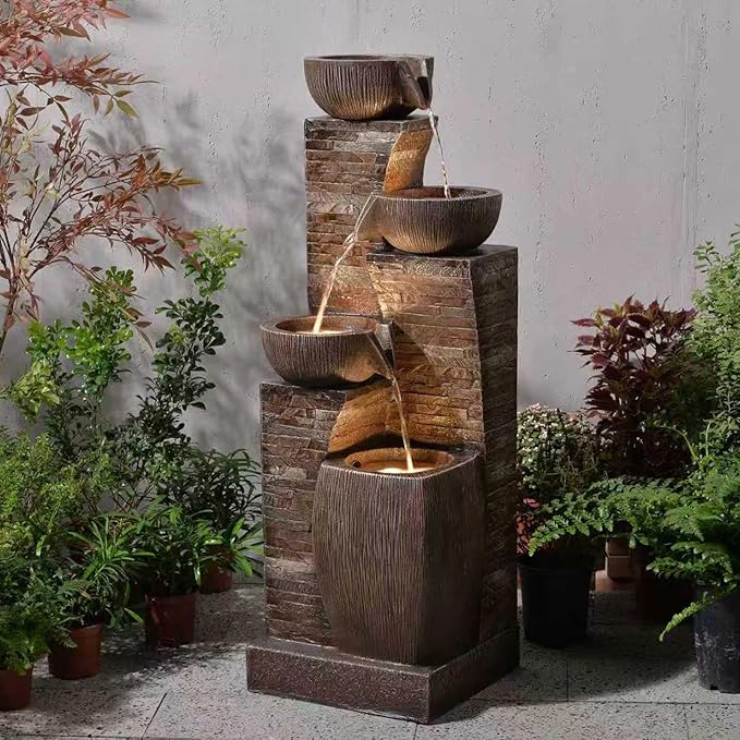 38.2" Tall Outdoor Water Fountain,Stone Texture Modern 4 Tiers Cascading Bowls Garden Fountains Outdoor,Suit for Patio, Deck, Porch, Lawns, Backyard and Home Art Decor