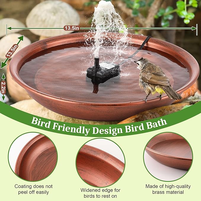 Bird Bath Fountain for Outside, 13.5" Garden Metal Bird Bath Bowl with 8W Water Pump, 2 Nozzles Adjustable Water Fountain for Backyard Patio Garden and Outdoor Water Features