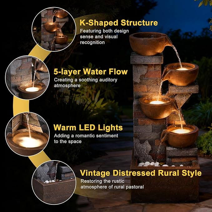 5 Tiers Water Fountain Outdoor Garden - 33.5" H Shape K Indoor Waterfall Fountain with LED Lights for Patio, Balconies, Lawns, Deck, Porch Backyard and Home Art Decor