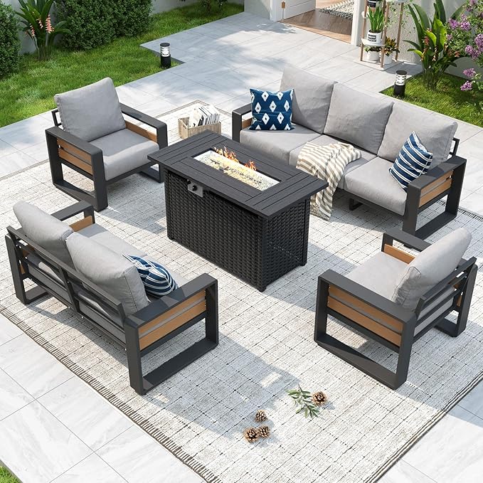 Aoxun Aluminum Patio Furniture Set with Fire Pit Table, 7 Seats Luxury Outdoor Sectional with 6" Olefin Fabric Cushions, Patio Conversation Sets with Waterproof Cover for Backyard, Porch Light Grey