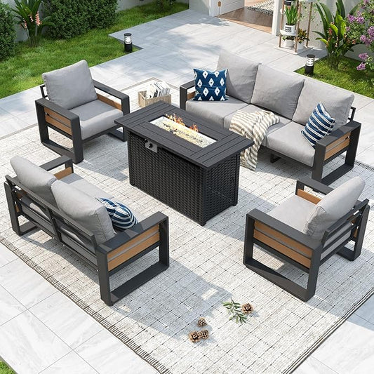 Aoxun Aluminum Patio Furniture Set with Fire Pit Table, 7 Seats Luxury Outdoor Sectional with 6" Olefin Fabric Cushions, Patio Conversation Sets with Waterproof Cover for Backyard, Porch Light Grey