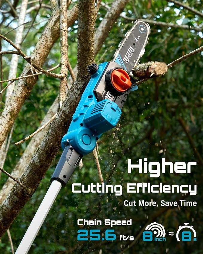 SEESII 8-Inch Electric Pole Saws: 21V Cordless Pole Saws for Tree Trimming, 15-Foot Max Reach, Auto Oiling, Tree Trimmer with 2x4000mAh Battery & Fast Charger, Tree Saw Ideal for Pruning Branches - Image 3