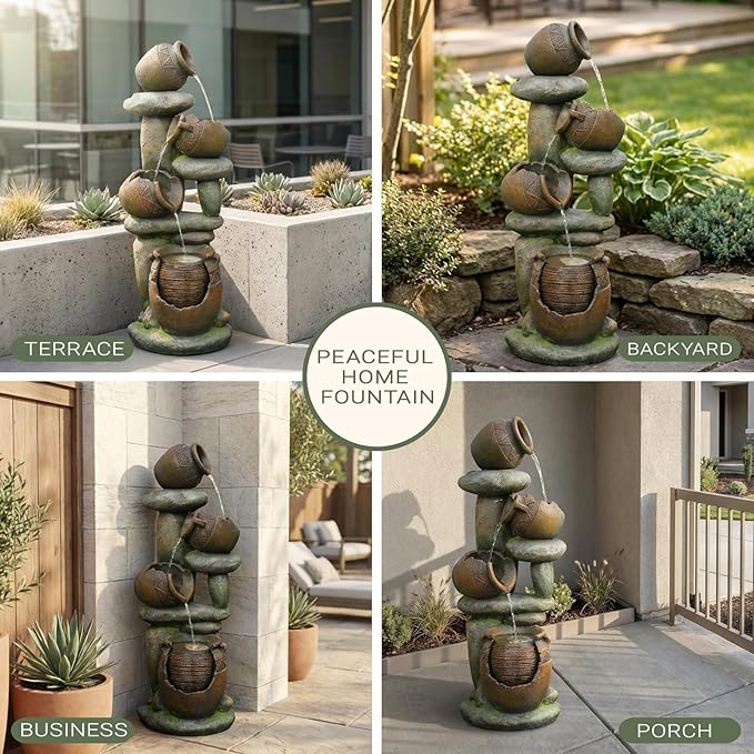 50" H Outdoor Water Fountain with LED Lights, 4-Tier Cascading Water Fountain for Indoor & Outdoor Use, Garden Patio Waterfall Fountain with Stone & Crock Design for Porch, Backyard Décor