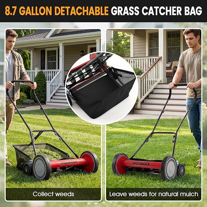 IRONMAX 18 Inch 5-Blade Push Reel Lawn Mower, 9-Level Adjustable Cutting Heights, Removable Grass Catcher, Lightweight No Motor Walk-Behind Manual Grass Cutter for Garden Yard Park (Red, 18 Inch) - Image 6