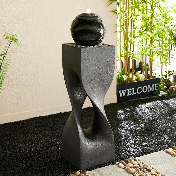 Glitzhome Modern Water Fountain Outdoor with LED Light, Oversized Geometric Outdoor Fountains and Waterfalls, Sphere Rock Fountain with Pebbles for Garden Backyard Patio, 40.5”H