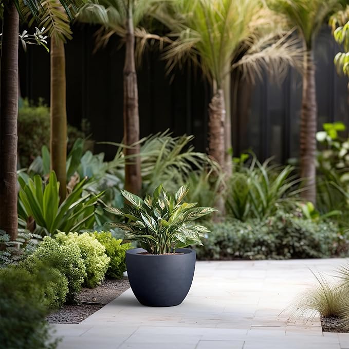 Kante 14.2 Inch Round Concrete Planter - Classic Large Indoor/Outdoor Plant Pot with Drainage Hole and Rubber Plug, Suitable for Gardens and Patios, Charcoal