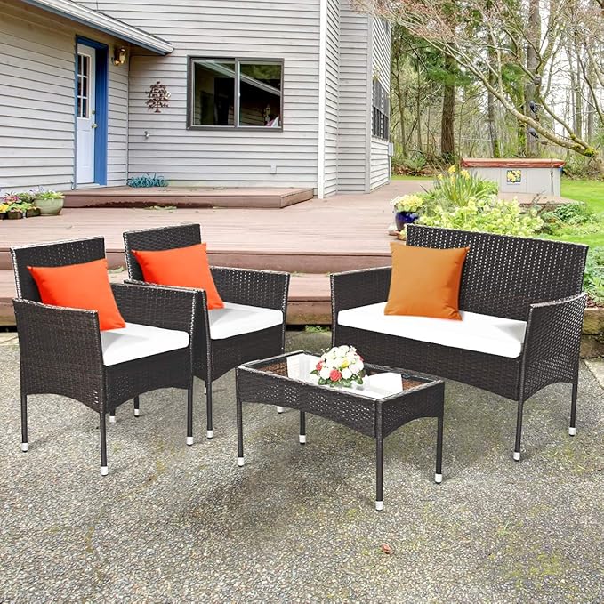 Tangkula 4 PCS Patio Outdoor Conversation Set with Glass Coffee Table, Loveseat & 2 Cushioned Chairs, Garden Lawn Rattan Wicker Patio Chat Set, Outdoor Furniture Set (Brown)