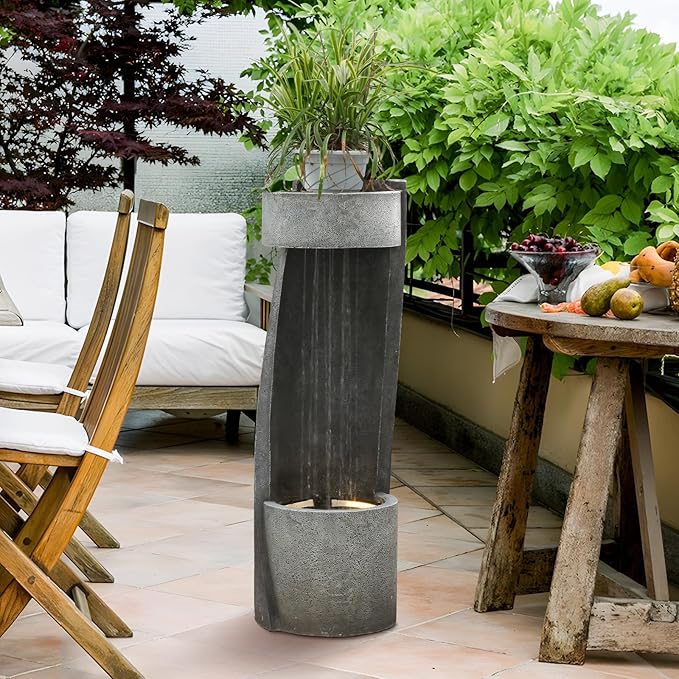35" Modern Outdoor Patio Water Fountain & Rainfall Feature – Resin Garden Waterfall Fountain with Light Spiral Indoor Water Feature for Patio, Yard, Porch Decor – Gray