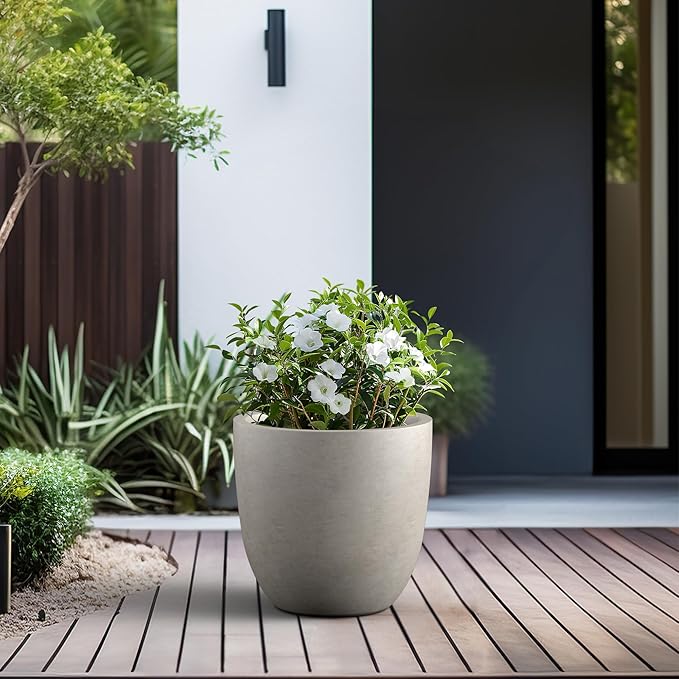 Kante 18 Inch Dia Round Concrete Planter, Indoor Outdoor Large Plant Pot with Drainage Hole and Rubber Plug for Home Patio Garden, Weathered Concrete